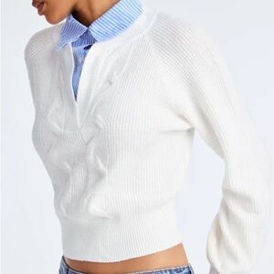 White/Blue Cable Knit Collared Sweater
